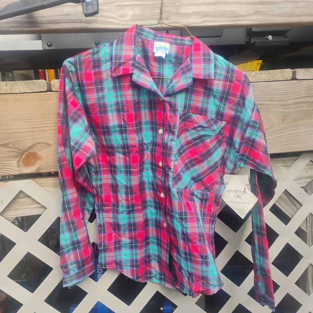 Vtg Nwt Hampton Girl Made USA Plaid Button Up Shirt Lightweight Preppy Coastal